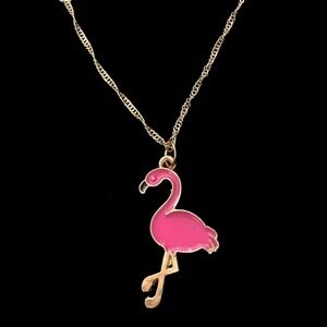 PINK Flamingo Hand Crafted Necklace Gold plated Water Wave Chain Cute